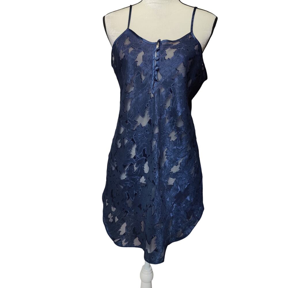 Vintage 90s Inner Most Sz S Sheer Burnout Slip Dress Navy Blue Leaf Pattern